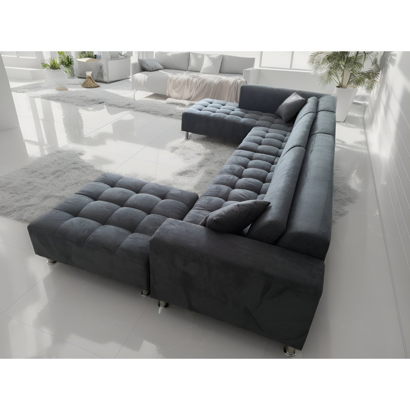 Behadil Upholstered L-Shaped Sectional Right Hand Facing, Dark Gray Microfiber/Microsuede, Left Hand Facing