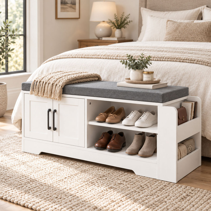 Banc de rangement à chaussures de style campagnard avec siège rembourré, armoire et étagères réglables