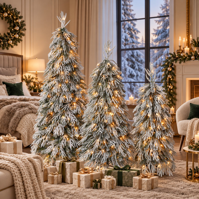 Ensemble de 3 sapins de Noël artificiels pré-illuminés, floqués de neige, avec DEL blanc chaud et multicolores