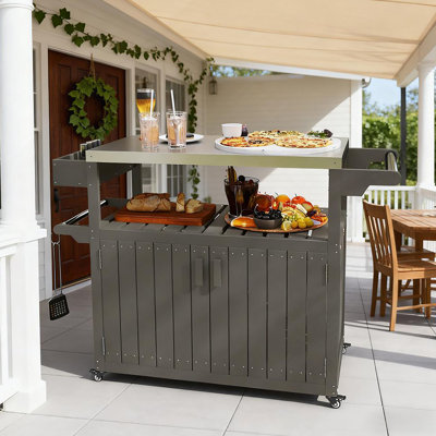 Plateau de table extérieur pratique, chariot-bar extérieur avec rangement, îlot de cuisine à roulettes pour la préparation des aliments