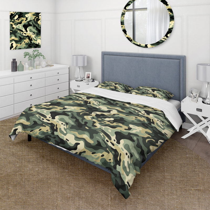 Literie vert et noir camouflage chic I, Housse de couette pour très grand lit et 2 très