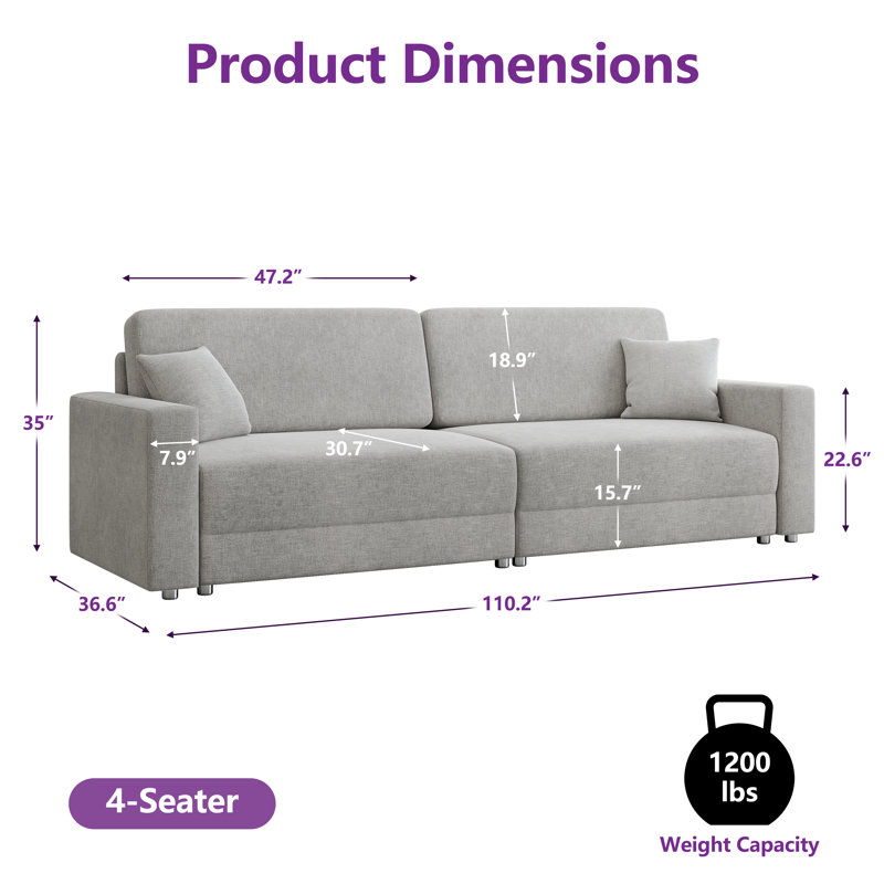Canapé surdimensionné de 110 po à 4 sièges profonds avec coussin décoratif et accoudoir carré pour bureau de salon, gris clair