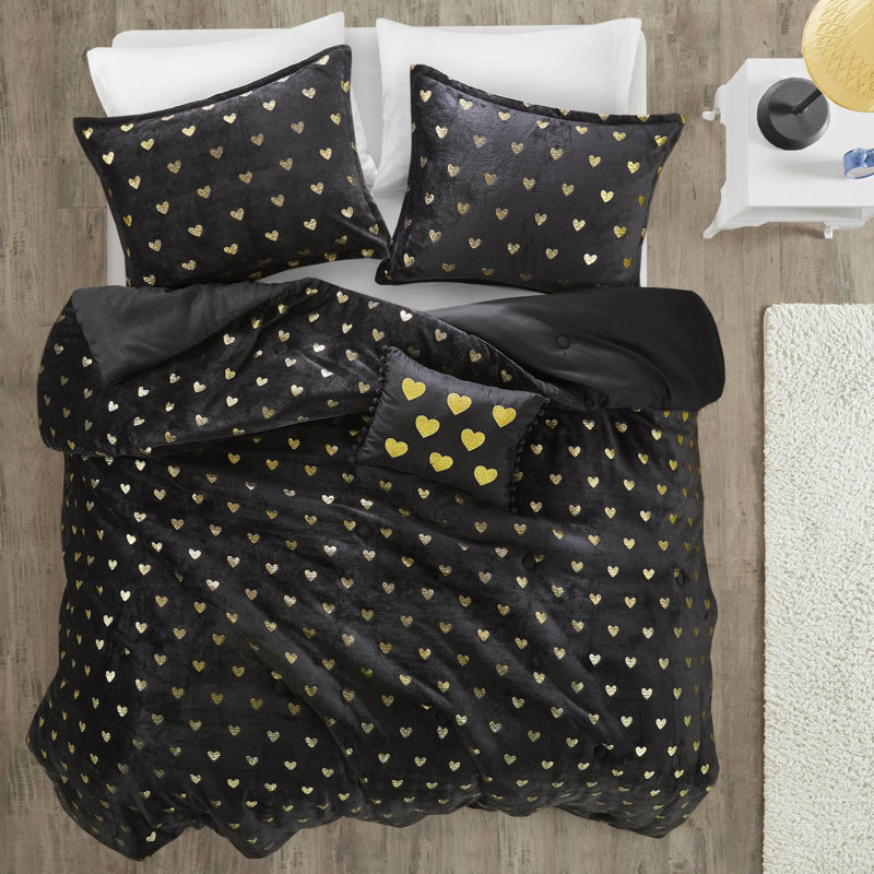 4 édredon ultraléger ultraléger avec cœur métallique noir / or, lavable à la machine, et - nettoyer les taches, Noir