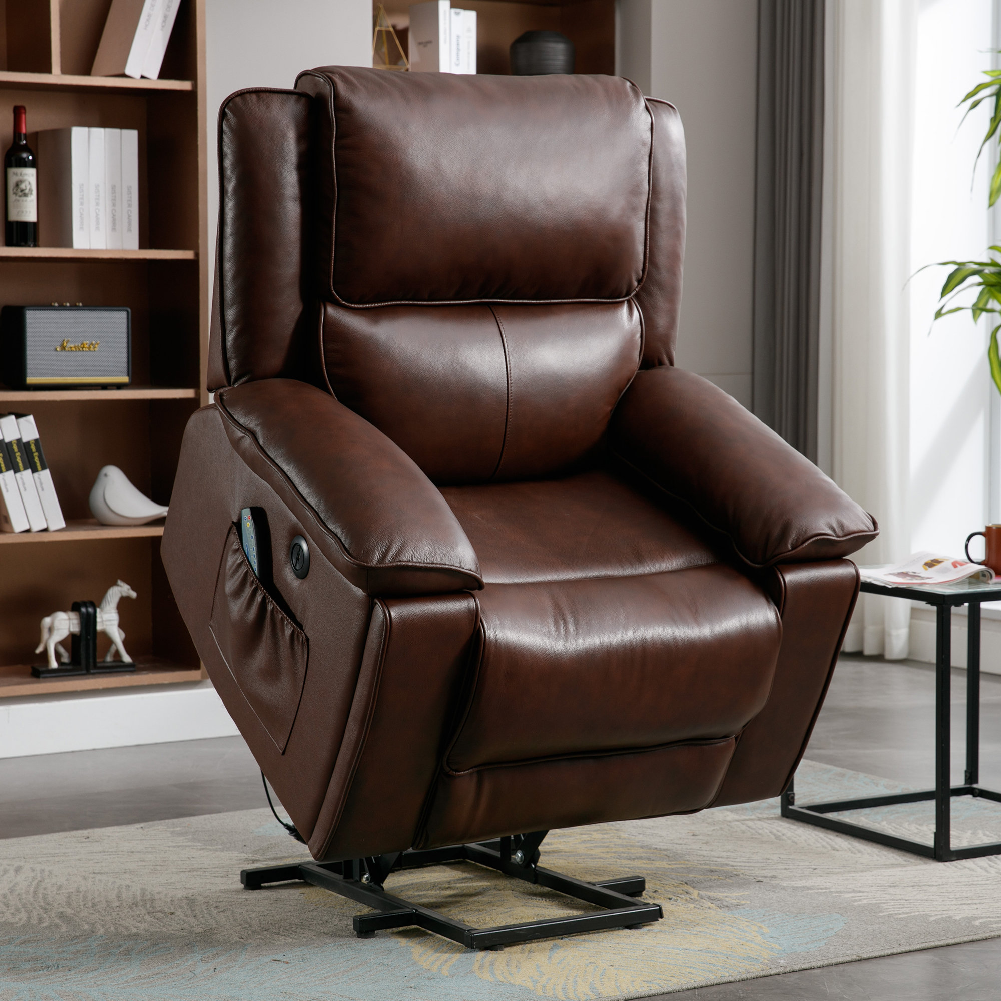 Daphnie 38.2 Wide Classic Premium Genuine Leather Nubuck Power Lift Assist Recliner with Massage Heating Hidden Cup Holder USB Ebern Designs Body