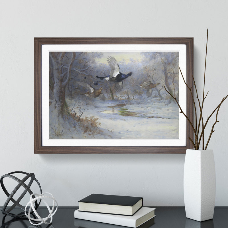 Blackcock and Grouse in Flight by Archibald Thorburn - Picture Frame Painting, Walnut Framed, 27cm H x 36cm W x 2cm D