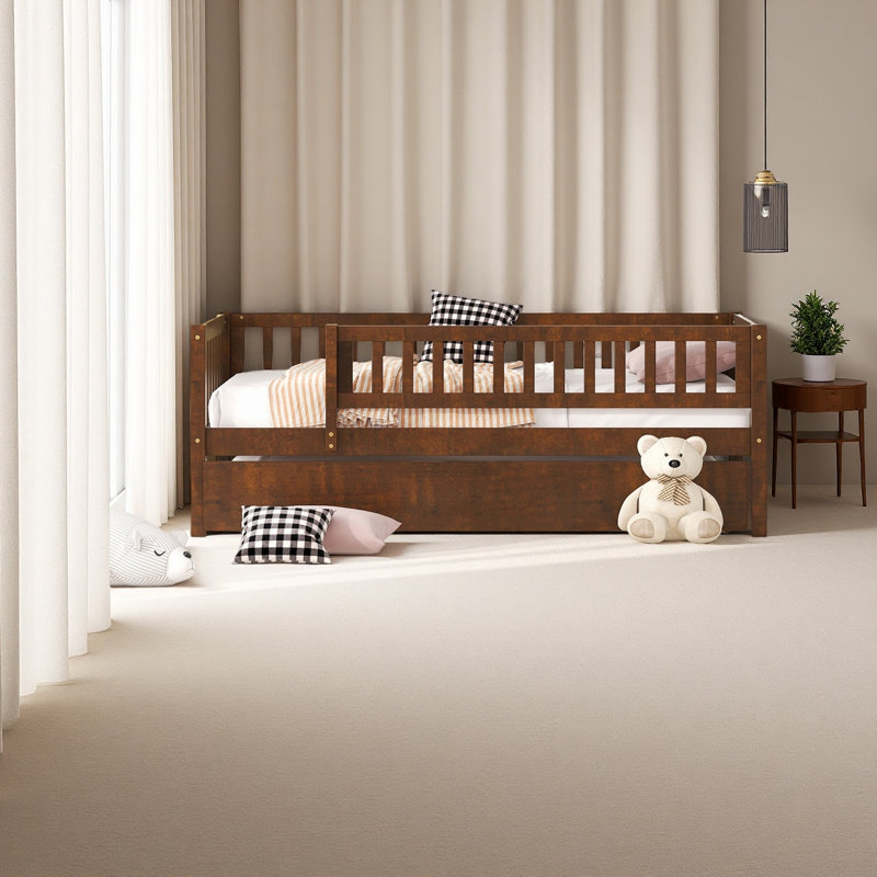 Twin Size Wood Daybed With Trundle And Fence Guardrails, Walnut