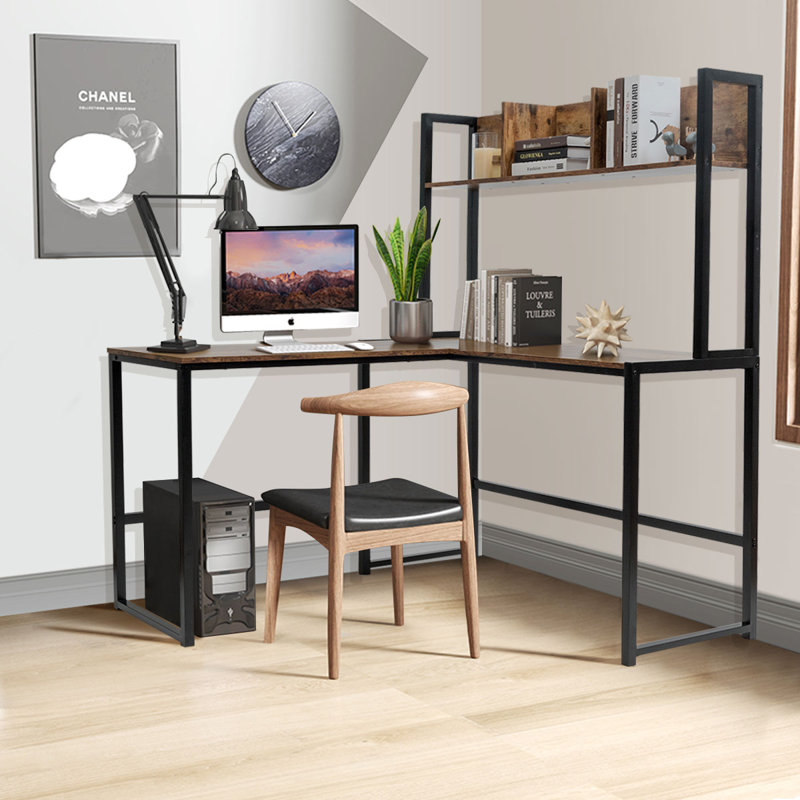 L-Shaped Metal Base Writing Desk, Brown/Black