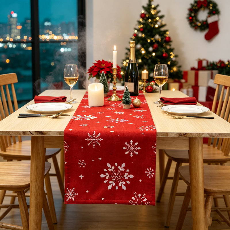 Snowflake Print Tablecloth in 150GSM Polyester Slub Cloth | Wipeable & Wrinkle-Resistant Festive Cover for Dining Room, Kitchen & Holiday Parties