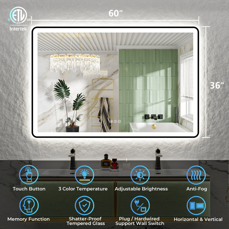 Hyosvany Matte Black Matel Framed LED Vanity Mirror with Front-lit and Back-lit, Memory Function, 3 Color Temperatures, Dimmable Light & Anti-fog Tempered Glass Mirror