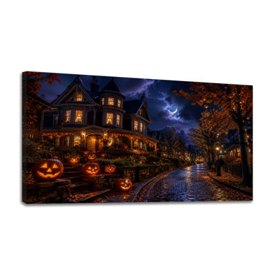 Tableau sur toile « Lanternes lumineuses » pour l'Halloween, ambiance mystérieuse, style victorien. Décoration murale idéale pour le salon, la salle de bain, la chambre ou le bureau. Dimensions : 61 cm (H) x 122 cm (L). Prêt à accrocher.