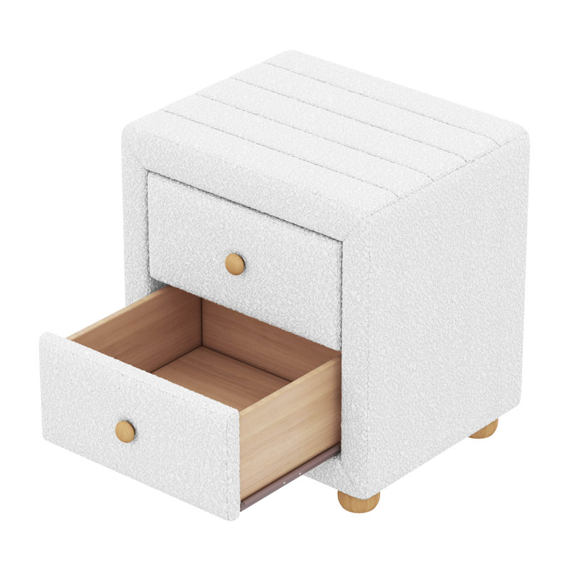 Grand lit plateforme tapissier avec table de chevet en molleton Abinayan Teddy, Blanc
