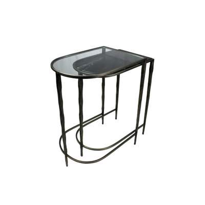 Set of Two 25" Black And Clear Glass And Genuine Marble Half Circle Three Leg Console Table