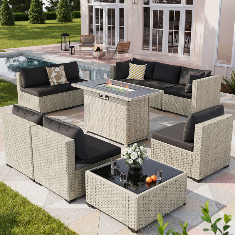 9 Pieces Design-Oriented Rattan Patio Conversation Sets With Fire Pit, Black