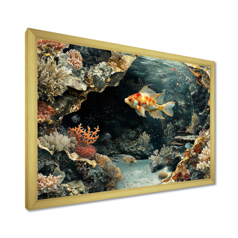Aquarium, poissons et Amphibiens au-dessus d'un corail III - art mural corail, H 34 po x l 44 po, Cadre simple, Doré