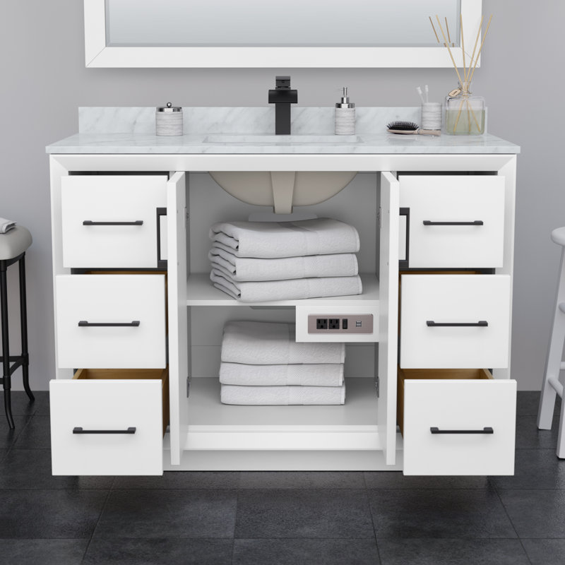 Strada 48" Freestanding Single Bathroom Vanity with Cultured Marble Top, Brushed Nickel, White