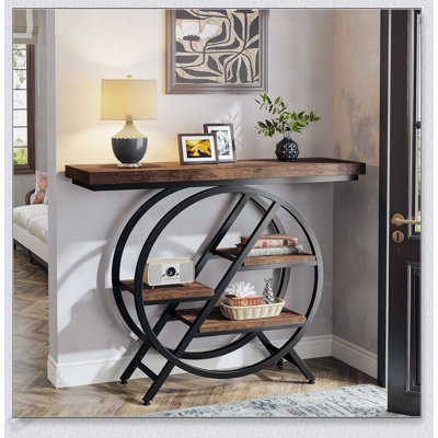 Console de 39,4 pouces à 4 niveaux avec cadre en métal et tablettes de rangement, décor brun rustique pour le salon