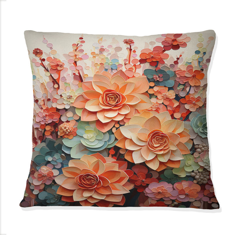 Coussin décoratif orange avec plantes grasses roses I