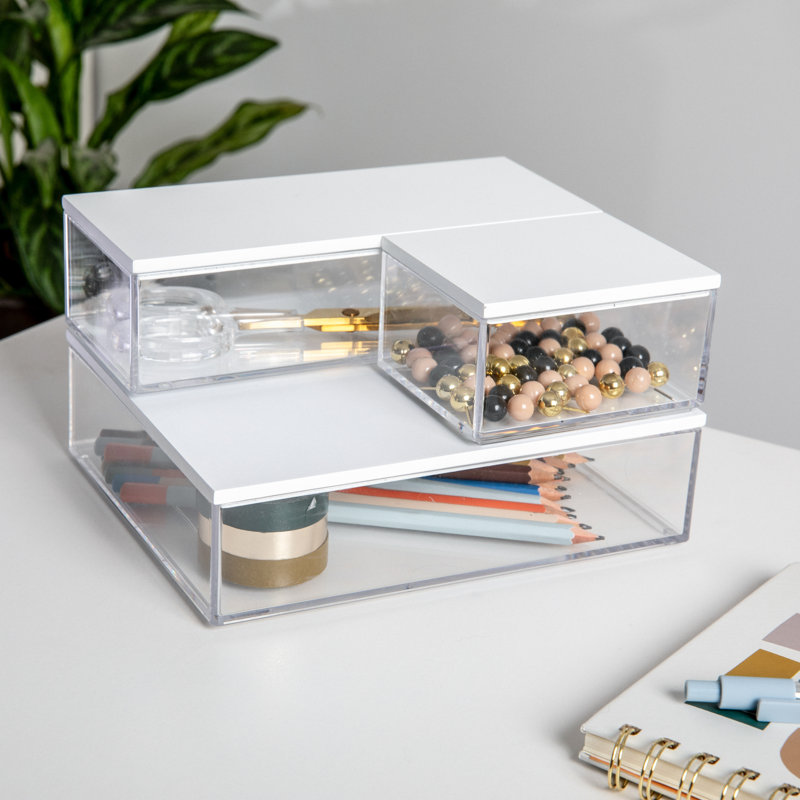 Bacs de rangement en plastique de qualité supérieure avec couvercles en bois Martha Stewart Brody, Blanc