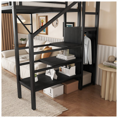 Westerleigh 94.3" W x 47.8" D x 73.4" H Twin Metal Loft Bed with Storage Stairs and Wardrobe