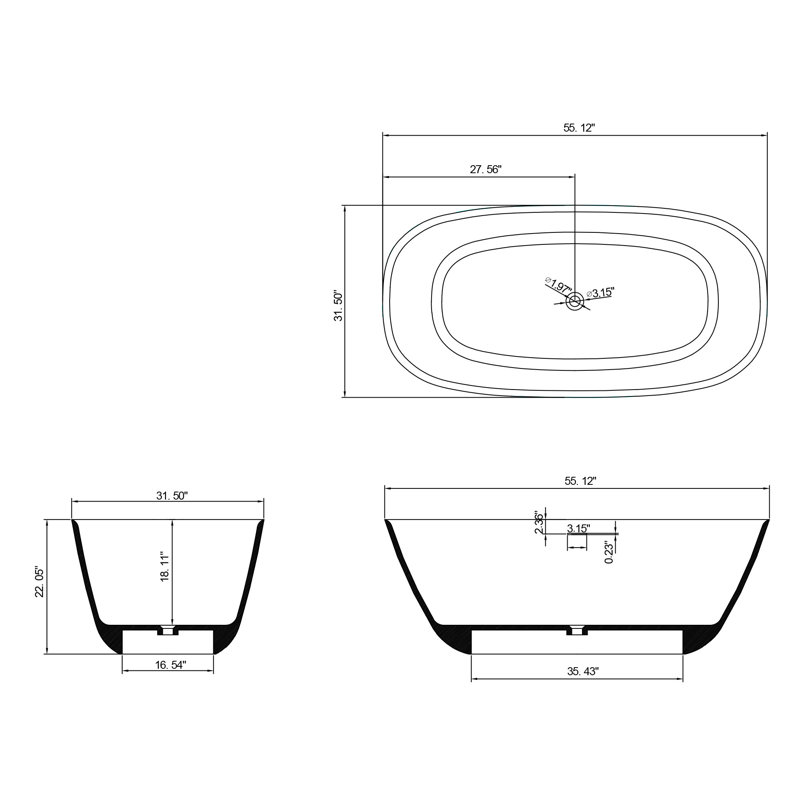 55,37 po X 31,64 po Baignoire de trempage autoportante à surface solide en résine Stone Stone