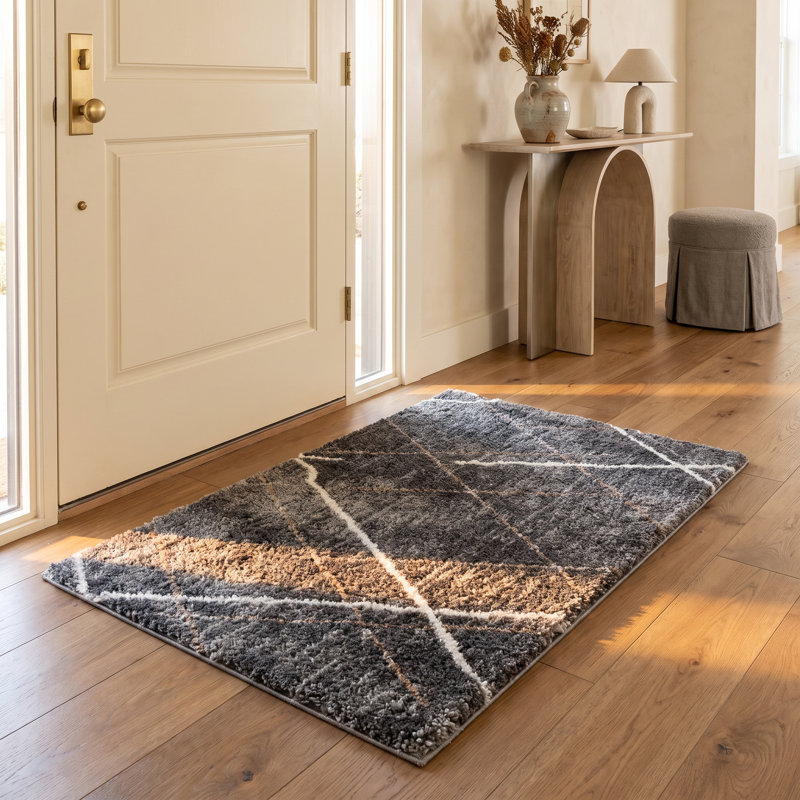 Tapis d'entrée gris / blanc à motif géométrique gris / blanc 3 pi x 5 pi (2 pi 8 po x 4 pi 11 po) Branch Branch Arden