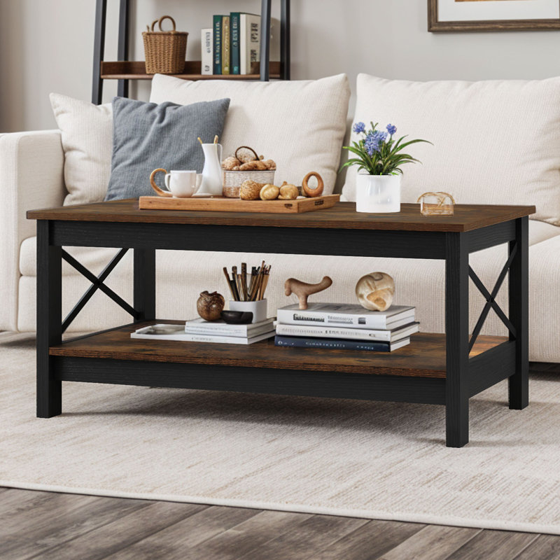 39.3"W Rectangle Simple Coffee Table with Bottom Shelf, X-Framed Support, Brown, Black