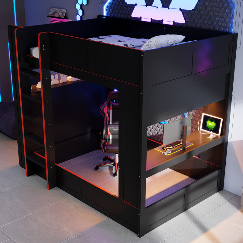 Lit superposé double en bois pleine grandeur avec bureau, tablettes de rangement, lumières DEL et station de charge, noir