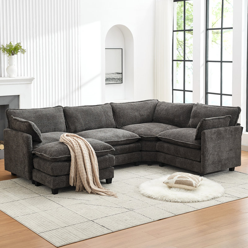 Canapé d'angle modulaire en L gris foncé avec repose-pieds amovible surdimensionné en chenille gris foncé, Dark Grey Chenille