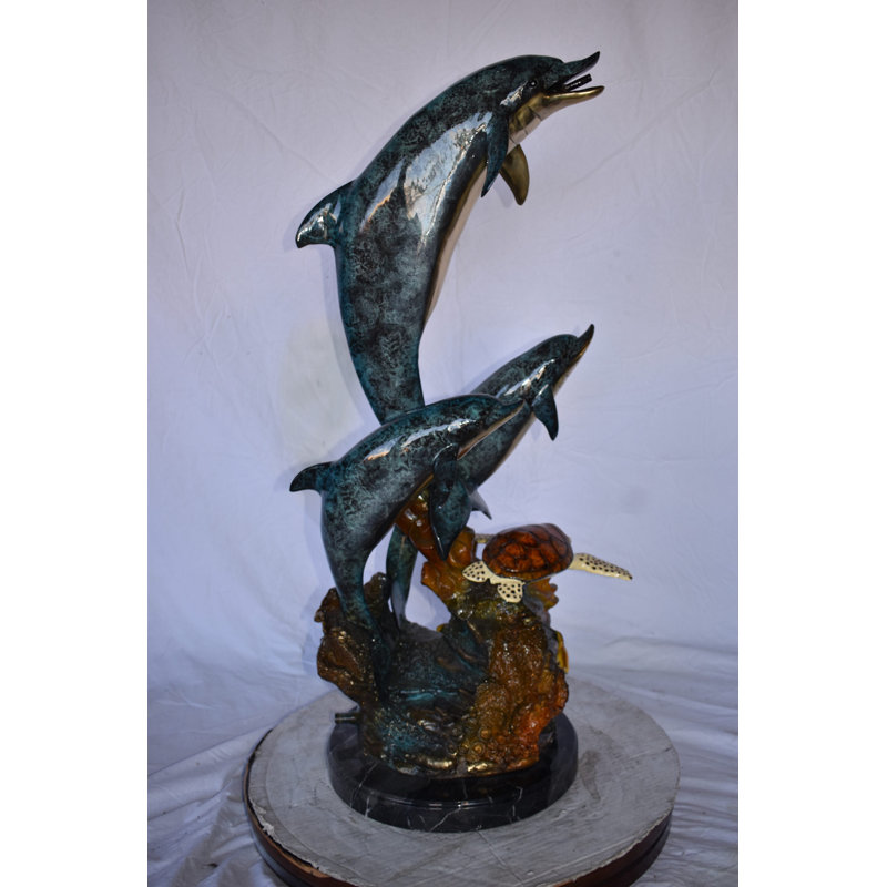 Bronze Three Dolphins Swim next to a Sea Turtle Fountain