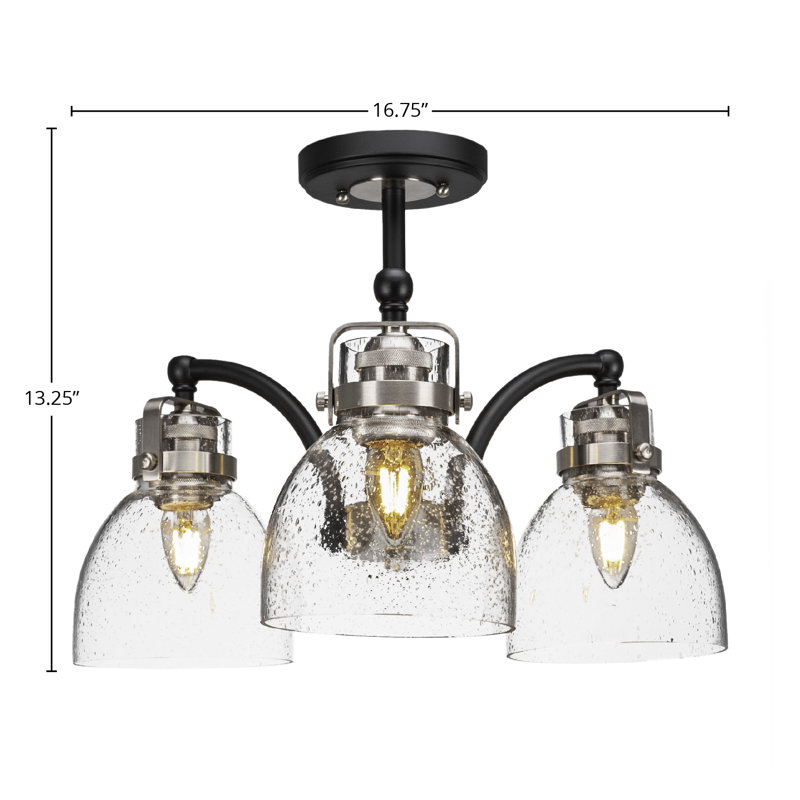 Plafonnier semi-encastré 3 lumières Chehab en noir mat et nickel brossé avec verre transparent de 6 po