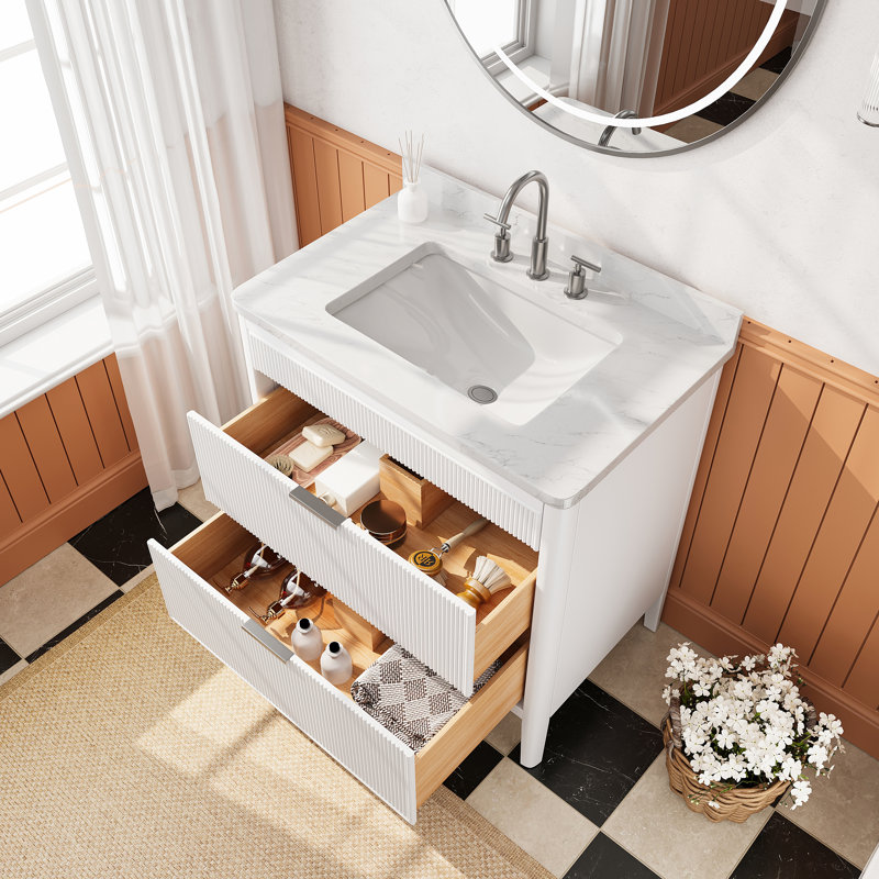 36" Freestanding Bathroom Vanity, Carrara Marble Top, Soft-Close Drawers, Fully Assembled, White Finish, 36", White