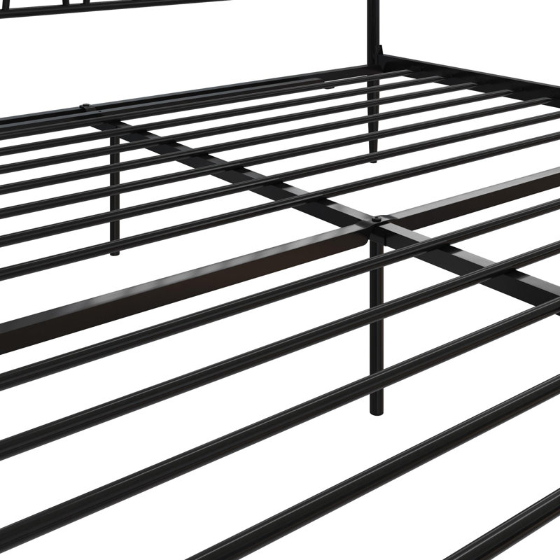 Black Metal Queen Bed Frame with Geometric Headboard