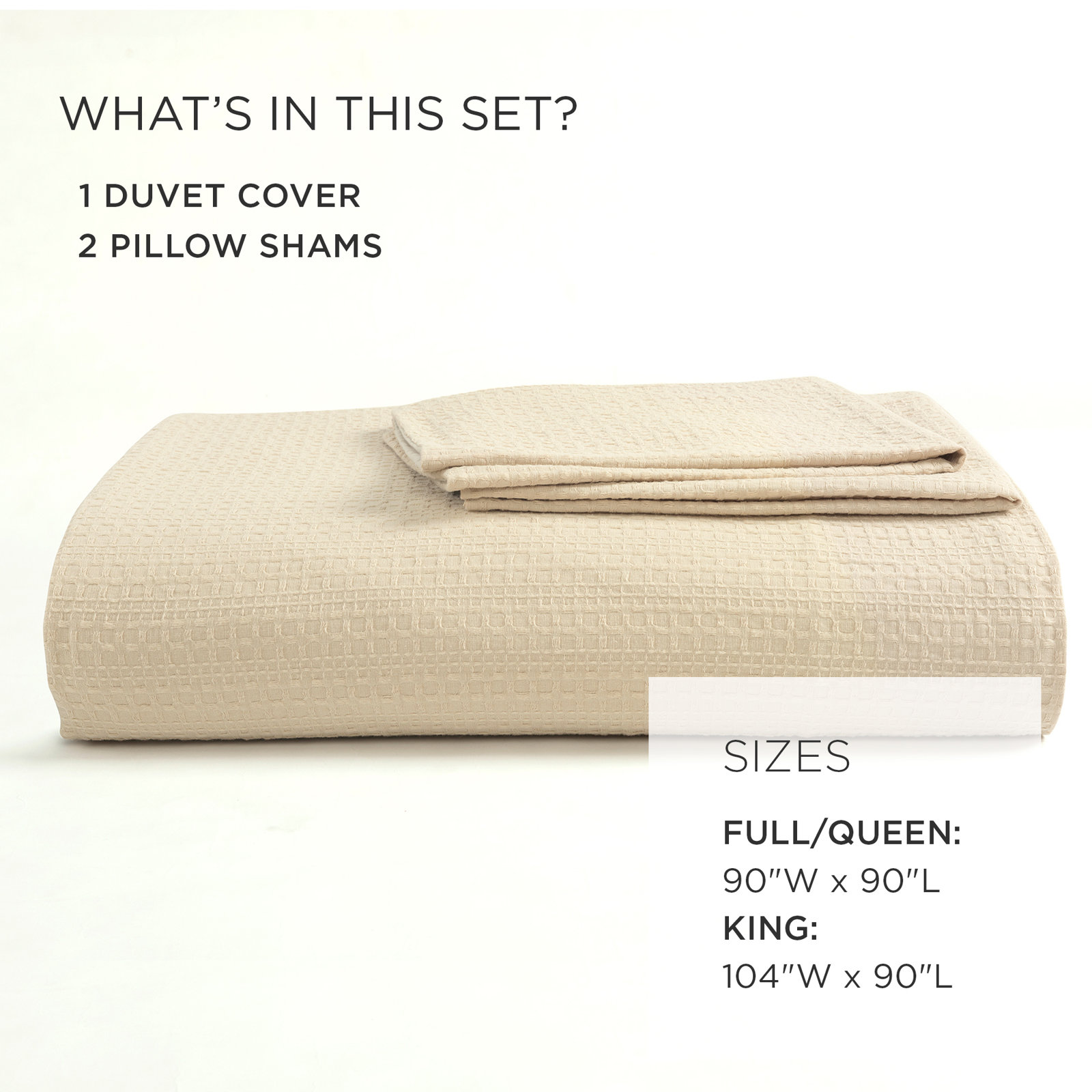 Haniya Solid Waffle Cotton Duvet Cover Set, Queen Duvet Cover + 2 Standard Shams, Beige