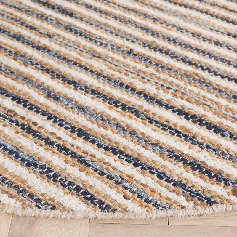Abishanth Woven Jute/Canvas/Cotton Performance Striped Rug in Natural/Navy, Round 6'