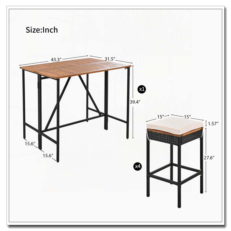Ensemble repas 5 pièces à hauteur de bar pliable avec coussins et tabourets