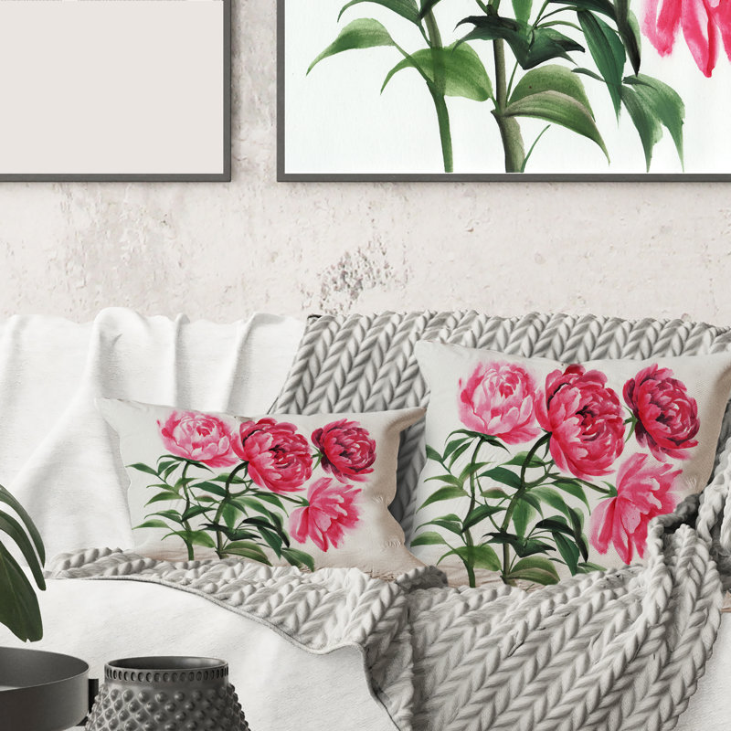 Four Vintage Pink Peonies Floral Lumbar Pillow