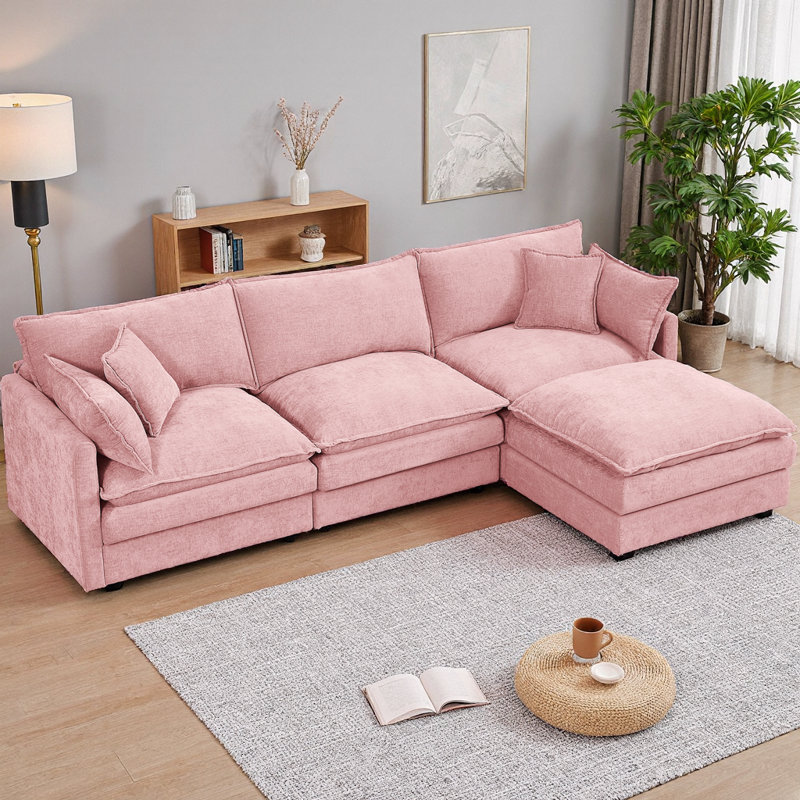 102" L-Shaped Modular Sectional Sofa with Movable Ottoman, 3-Seater Cloud Couch with Chenille Fabric & High-Resiliency Foam, DIY Combination, Easy Assembly Required