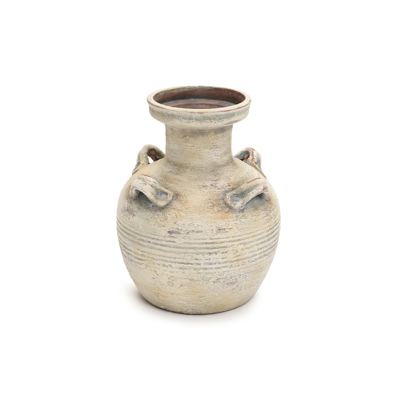 Vase rustique en terre cuite texturée avec quatre poignées, H 10,24 po x l 8,27 po x P 8,27 po
