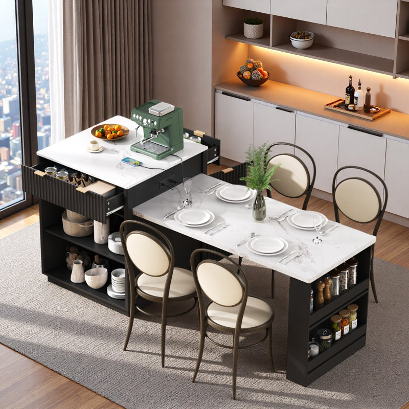 Îlot de cuisine cannelé avec table de salle à manger extensible, prise de courant, rangement double, 2 tiroirs et 2 tablettes ouvertes latérales