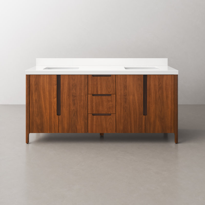 Sequoia 72 In. Double Sink Whitebrook Quartz Countertop Bath Vanity in Mango Wood, Noir Juglans
