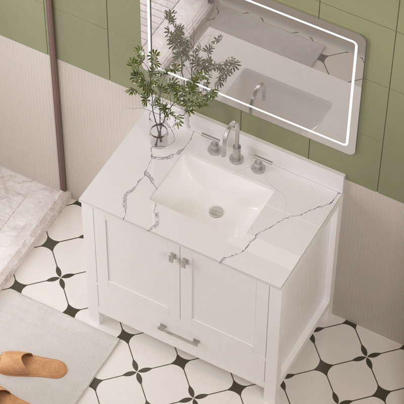 36 inch Quartz Bathroom Vanity Top with Undermount Ceramic Sink and Backsplash, 36