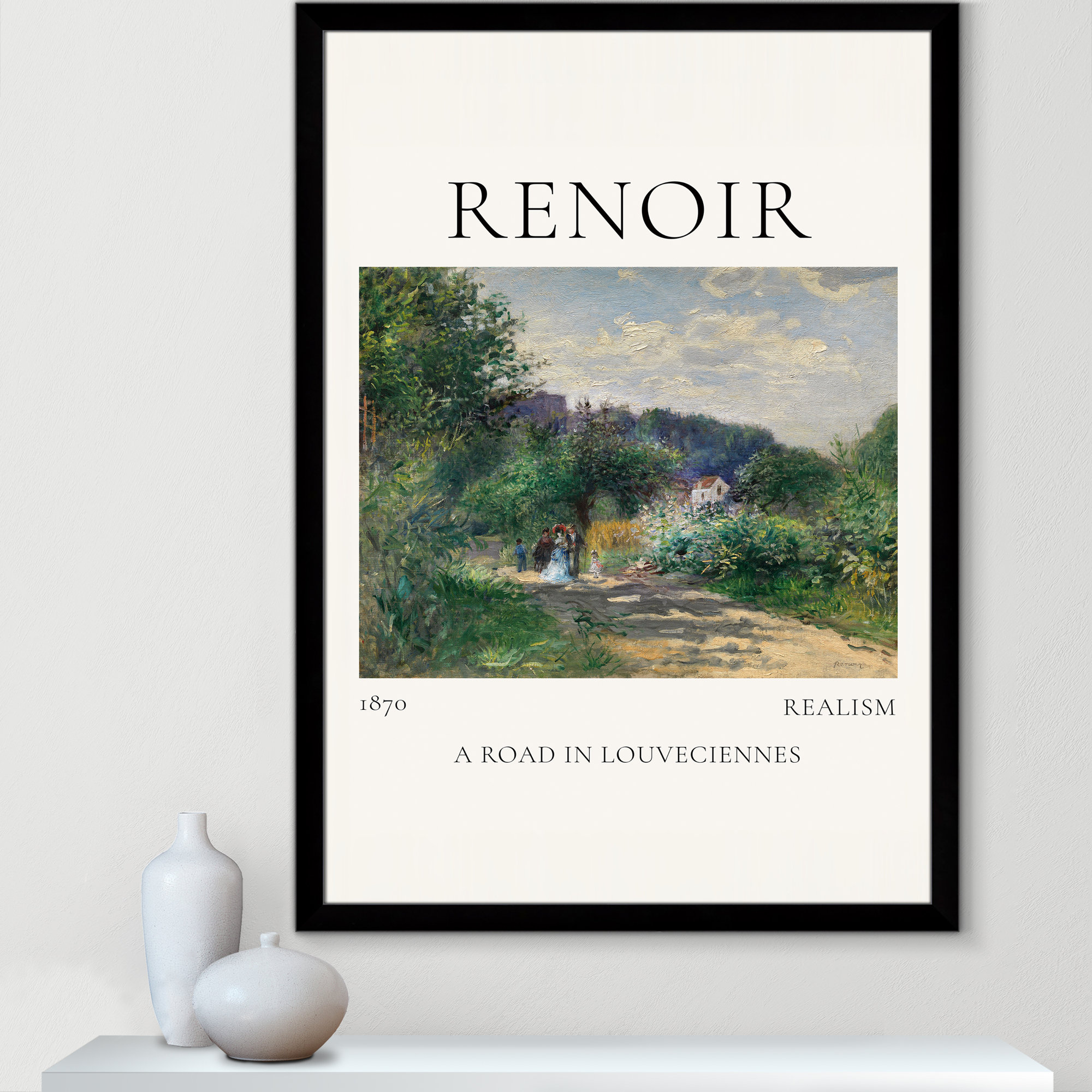 Old Masters Collection " A Road In Louveciennes " by Auguste Renoir, 49" H x 35" W x 1.25" D, Black Single Picture Frame, No