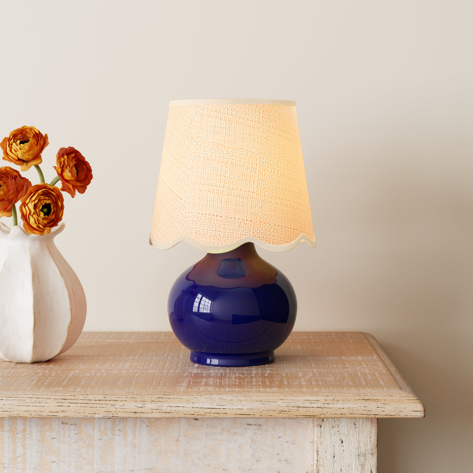 Momsen Scallop Shade Lamp, 13" H x 8" W x 8" D, Natural, Navy