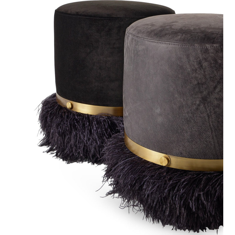 Leather Ostrich Fluff Pouf, Charcoal/Black