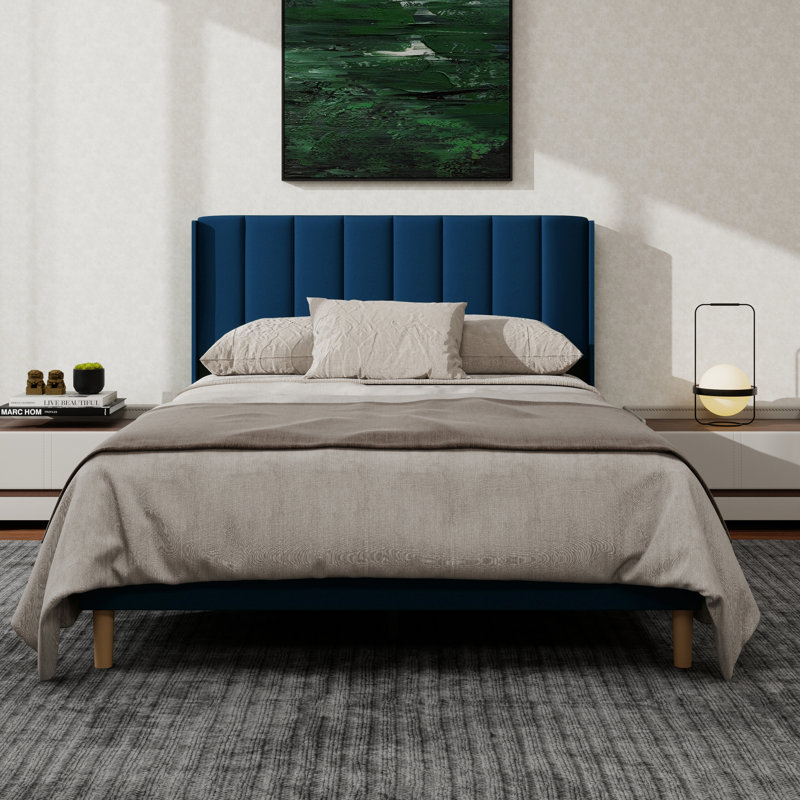 Structure de lit plateforme tapissier avec oreilles, Bleu, Lit double
