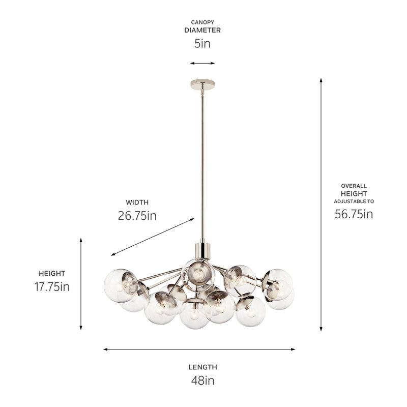 Lustre globe en acier à intensité variable , Nickel poli, 12, H 17,75 po x l 26,75 po x P 48 po