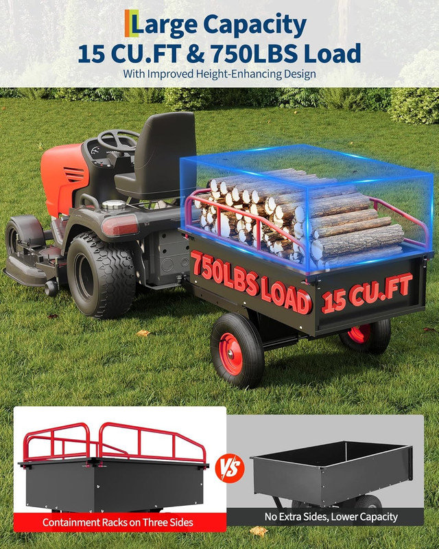 Remorque utilitaire et VTT 750 lb - Chariot à benne de jardin en acier de 15 pieds cubes, côtés amovibles, Red