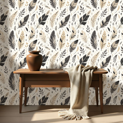 Papier peint auto-adhésif à motif de plumes à motif de plumes beige et noir, adhésif et amovible 17,7 po x 118 po (45 x 300 cm)