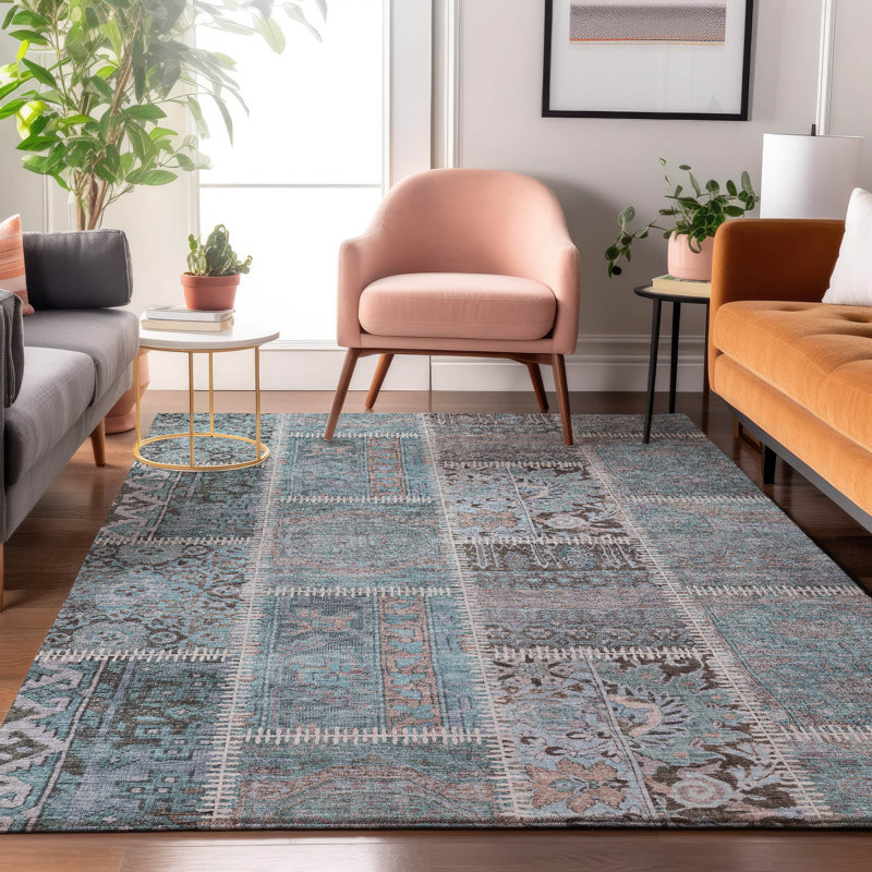 Tapis bleu sarcelle lavable à la machine Premium Cerrito, Rectangulaire 3 pi x 5 pi