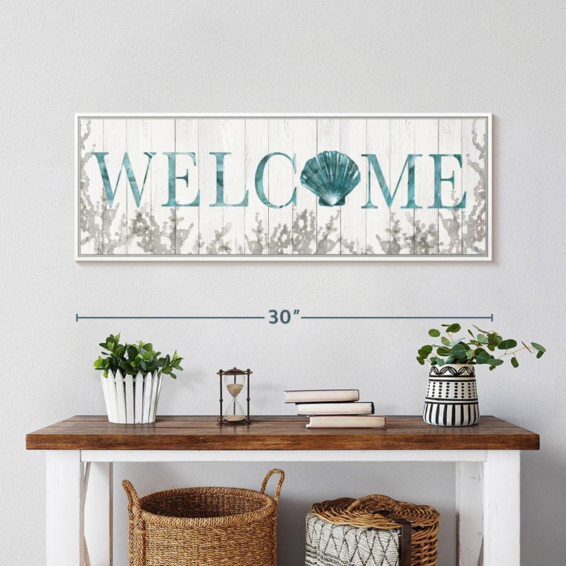 Plaque murale «Welcome Shell», Cadre flottant blanc, 31 po x 11 po